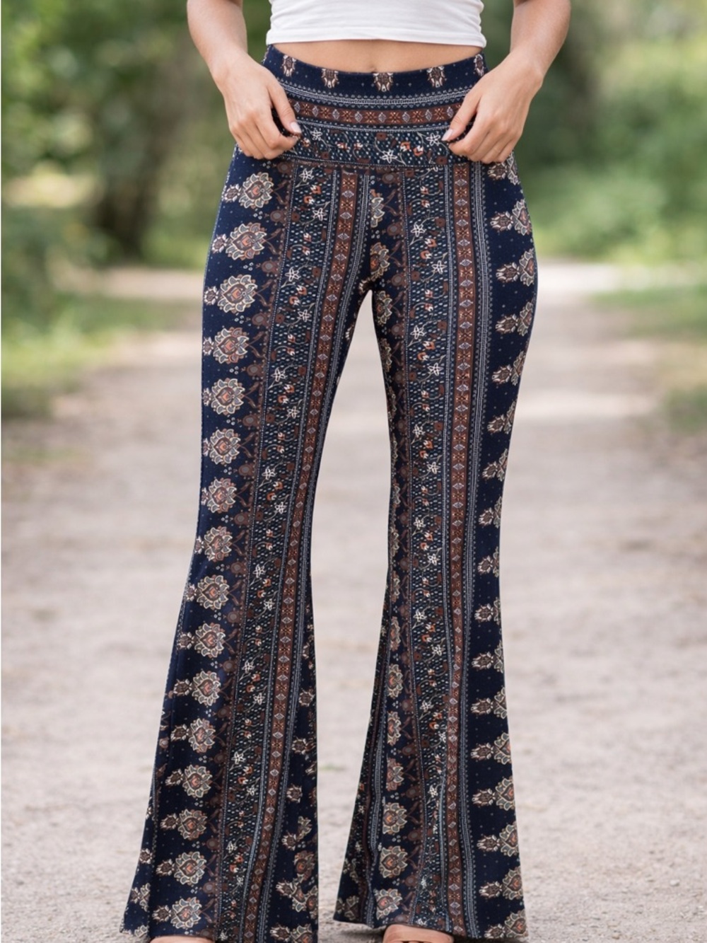 Boho Flare Pants Black Paisley Print Wide Leg Festival Style S